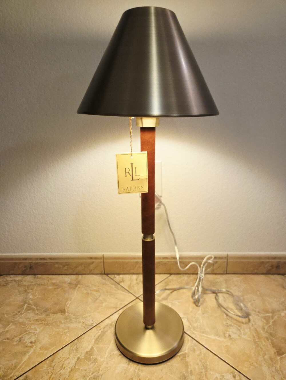 Ralph Lauren Home Brass & Leather Candlestick Buffet Lamp 30” Empire Shade NEW